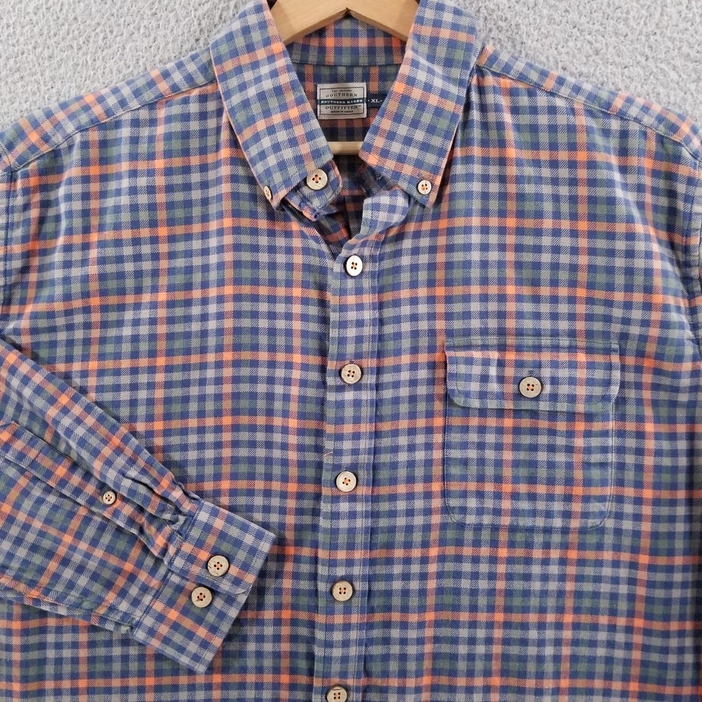 Southern Marsh Shirt Mens XL Blue Flannel Button Down Long Sleeve Cotton Plaid